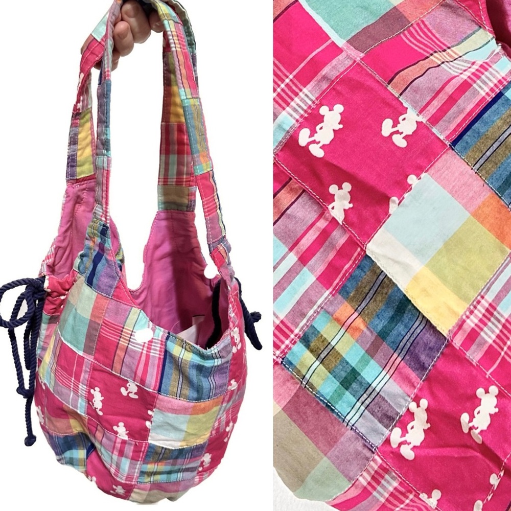 VTG Disney Resort Hobo Bag Mickey Mouse Pink Madres Plaid Patchwork Purse Tote